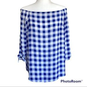NWOT CeCe Off The Shoulder Blue and White Checkered Loose Tunic 3/4 sleeve, S